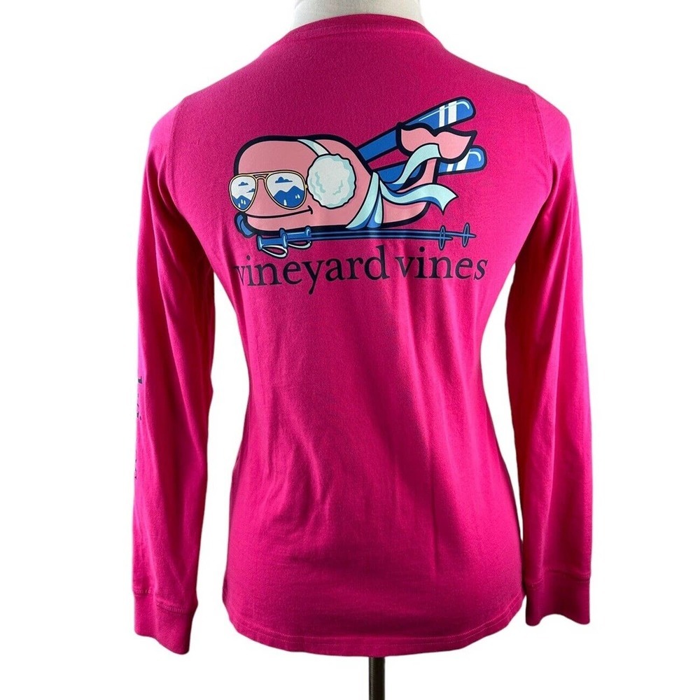 Vineyard Vines Long Sleeve Snow Bunny Whale Pocket Tee Pink Shirt Women's Small - Picture 8 of 14